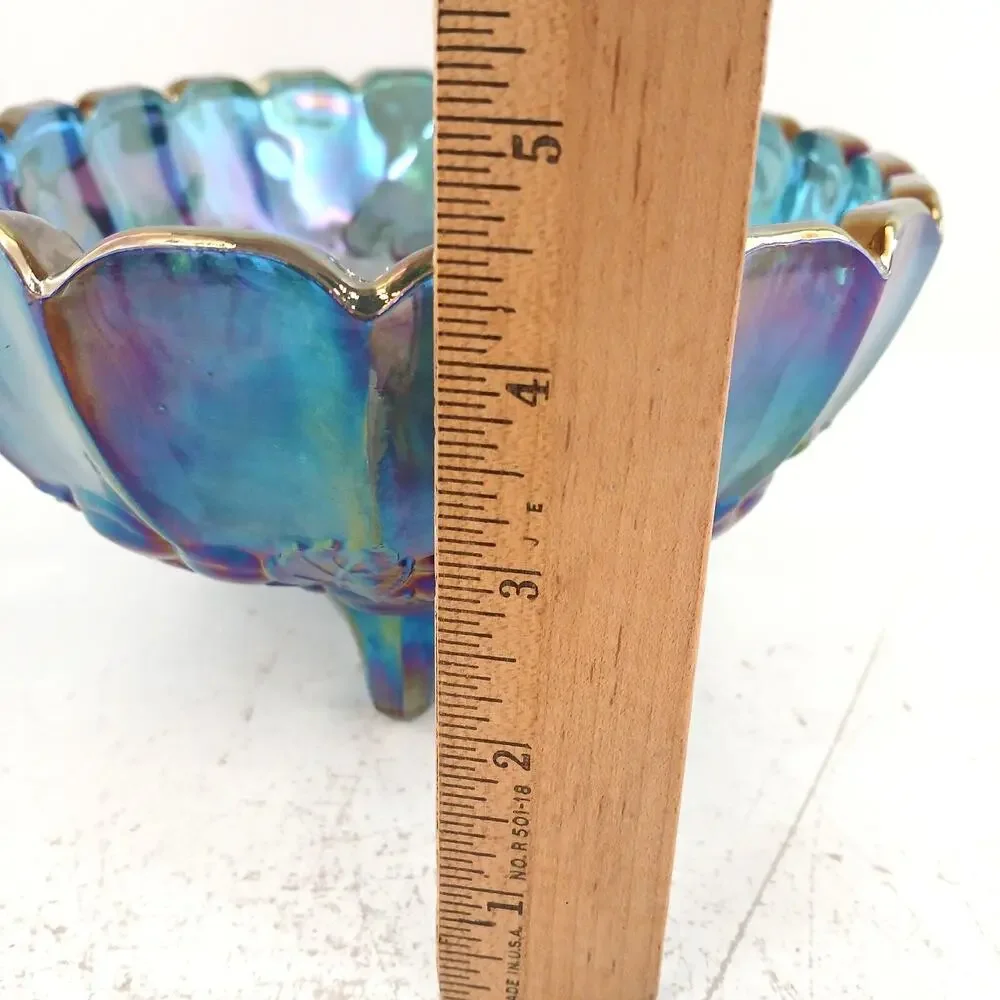 Vintage Iridescent Carnival Glass Bowl Gold Rim Decorative Footed Fruit Bowl
